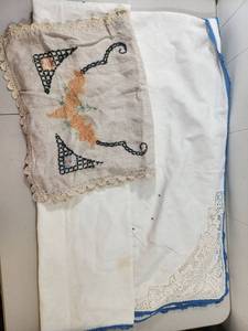 lot 222 image: Handmade Embroidered Table Runner with Lace Trim