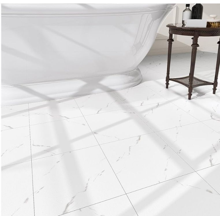lot 27288 image: 40-Pack Peel and Stick Floor Tiles Vinyl Floor 12 x 12 inch Self Adhesive Waterproof Flooring Planks DIY for Bathroom, Kitchen, Living Room, RV, Cover 40 Sq. Ft, White Vein Marble - Retail $37
