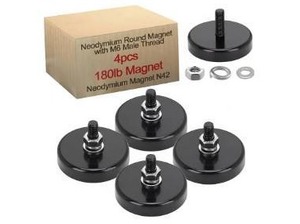 lot 63026 image: 4 Pieces Heavy Duty Neodymium Round Mounting Magnet with Bolt 1.65in-180lb-M6 Black with Male Thread Stud Strong Rare Earth Magnet Super Powerful for Lighting Camera Brackets License Plate - Retail $25