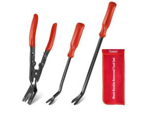 lot 63029 image: 3 Pcs Auto Clip Pliers Set and Fastener Remover, Car Trim Rivet Removal Pry Tool Repair Kit with Storage Bag for Automotive Door Panel, Upholstery, Dashboard, Plastic Fasteners - Retail $15