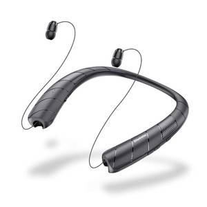 lot 63072 image: Neckband Bluetooth Headphones Speaker 2 in 1 Wireless Wearable Speaker with Retractable Earbuds, 3D Stereo Sound, Portable Speaker and Headset wBuilt in Mic for Home, Office and Outdoors - Retail $30