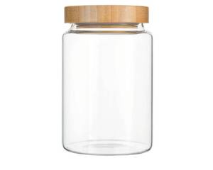 lot 63085 image: 900ML30Oz Clear Cute Glass Storage Canister Holder with Airtight Bamboo Lid, Modern Decorative Medium Container Jar for Coffee, Spice, Candy, Salt, Cookie, Condiment, Pepper, Sugar - Retail $15