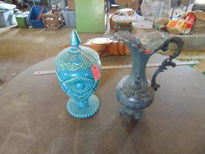 lot 3261 image: Blue Urn and Metal VasePitcher