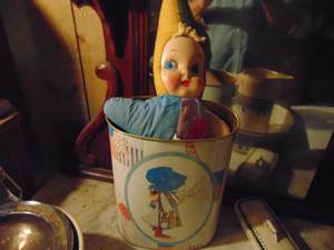 lot 3299 image: Metal Trash Can and Vintage Doll