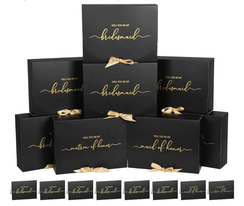 lot 57578 image: 8Pack Bridesmaid Proposal Box with Bridesmaid Cards, Bridesmaid Boxes with Ribbon, Maid Matron of Honor Proposal Box, Black Boxes for Bridesmaid Proposal, Bridesmaid Proposal Gifts - Retail $19