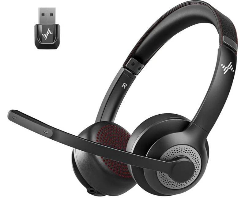 lot 57686 image: Wireless Headset with Mic for Work, Bluetooth V5.2 Headphones with AI Noise Cancelling Microphone, USB Dongle, Clear Calls & Mic Mute, for Laptop, PC, iPhone & Android Phones - Retail $57