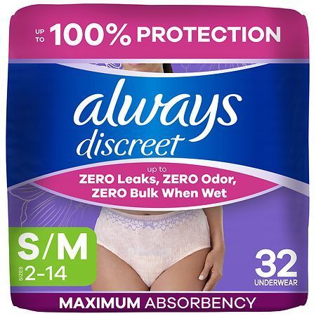 lot 57736 image: Always Discreet Adult Postpartum Incontinence Underwear for Women - Maximum Protection - SM - 32ct - Retail $20