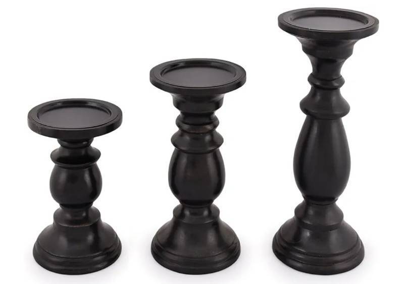 lot 57744 image: Set of 3 Farmhouse Mango Wood Candle Holders, in Black Finish for Table Centerpiece Candle for Any Room Decor. SMALLEST NEEDS CAP GLUED BACK ON. - Retail $25