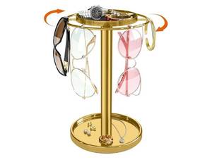 lot 72580 image: 360° Rotating Sunglasses Organizer, Stainless Steel Glasses Holder Stand with Organizer Tray, Eyeglasses Holder with Storage Base for Dresser, Desk Table, Nightstand & Home Decor, Gold - Retail $12