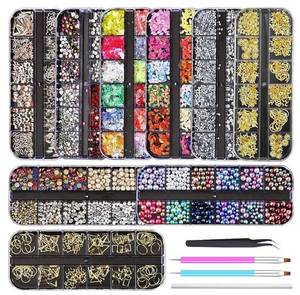 lot 72583 image: 9 boxes Nail Rhinestones Glitter Gems Diamonds Studs Crystals Sequins Kit With 1 Tweezers and 3 Pen for Nail Art Supplies Accessories (missing Tweezers) - Retail $15