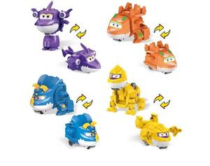 lot 72584 image: Super Wings 2 Transform-a-Bots 4-Pack, Supercharged Sally, Stego, Trico, Brachy, Airplane Toys Vehicle Mini Figures, Fun Toys for Kids, Transformable Toy for 3 4 5 Year Old Boys and Girls - Retail $15