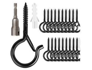 lot 72593 image: 24 PCS Q-Hanger Hooks, Screw Hooks for Outdoor String Lights, Safety Buckle Design Cup Eye Hook for Hanging Christmas Lights, Plants, Wind Chimes, Mounted on Wall Ceiling, Include 1 Wing Nut Driver - Retail $5
