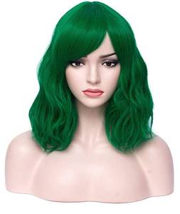 lot 72604 image: 14 Inches Dark Green Wig Women��s Curly with Bangs Green for Women Halloween Cosplay for Daily Use Synthetic Wig - Retail $15