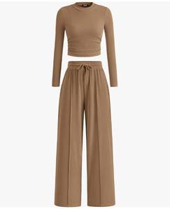 lot 72641 image: Casual 2 Piece Sets For Women Fall Outfits 2026 Ribbed Spring Long Sleeve Crop Top Wide Leg Pants Matching Lounge Set - Retail $15