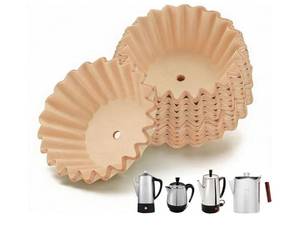 lot 72653 image: 200 PCS Percolator Coffee Filters Compatible with Farberware 4 Cup, Coletti 6-9 Cup, EliteGourmet and Presto 6 Cup, Unbleached Basket Coffee Filter Paper, with Pre-punched Hole, Sturdy and Disposable - Retail $12