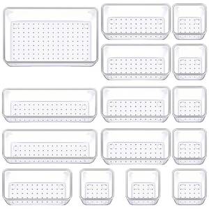 lot 72664 image: Drawer Organizers Set of 15, 4 Sizes Clear Plastic Drawer Organizers and Storage Bins for Kitchen, Bathroom, Office, Dresser Desk Drawer Organizer Tray for Jewelry, Makeup, Junk, Gadgets - Retail $12