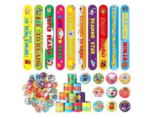 lot 72673 image: Reading Incentive Slap Bracelets and Button Pins Set (missing pieces) - Retail $12