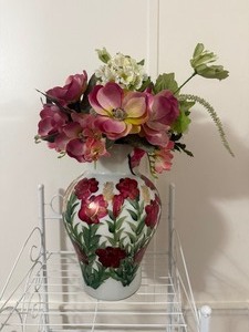 Hand-Painted Floral Vase with Silk Arrangement