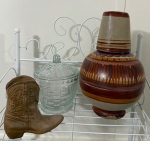Tonala-style Pottery Water Jug/Vase, KIG Indonesia Candy Dish, Cowboy Boot Planter, possibly Frankoma. See Description