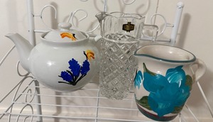 lot 6 image: Crystal Zajecar Yugoslavia Lead Crystal Pitcher, Hand-Painted Teapot & Creamer