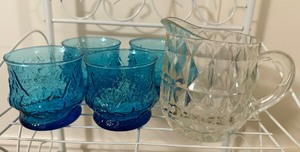 lot 7 image: Blue Rainflower Tumblers & Small Glass Pitcher