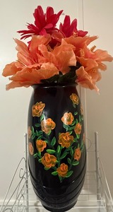 lot 10 image: Hand-Painted Black Glass Vase with Floral Design