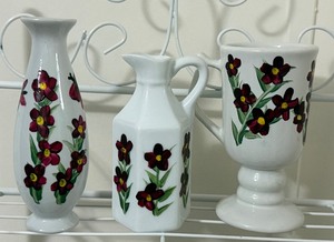 lot 15 image: Hand-Painted Floral Decorative Vase, Cruet & Mug