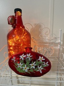 lot 21 image: Decorative Glass Grouping with Lighted Bottle, Hand-Painted Vase & Royal Limited Lead Crystal Candle Holder