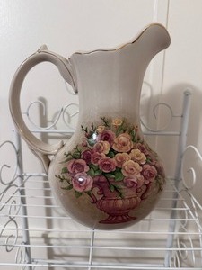 lot 22 image: Vintage Belks All For You Ceramic Water Pitcher Floral Roses Gold Trim