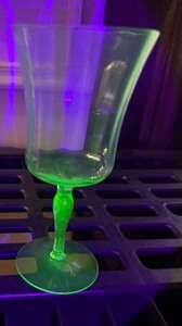 lot 28 image: Vintage 1930s Tiffin Franciscan Green Panel Optic Uranium Glass Wine Goblets Set of 2