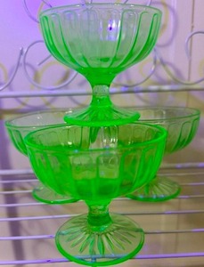 lot 27 image: Vintage 1930s Hazel Atlas Ribbon Green Uranium Depression Glass Sherbet Cups Set of 4