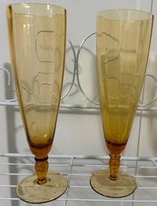 lot 32 image: Vintage 1930s Amber Panel Optic Footed Champagne Flutes Set of 2