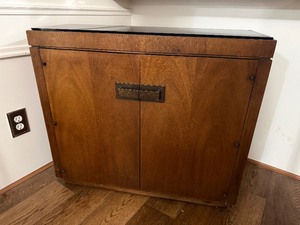 lot 34 image: Vintage Mid-Century Modern Style Walnut Credenza Buffet Cabinet with Smoked Glass Top