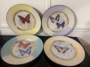lot 40 image: Vintage Botanical Butterfly Glass Charger Plates Pastels & Gold Trim Set of 4