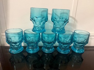 lot 41 image: Vintage Mid-Century Teal Blue Bubble Thumbprint Double Old Fashioned Glasses Set of 7