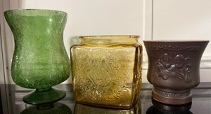 lot 47 image: Vintage Crackle Glass Vase Yellow Madrid Biscuit Jar & Saints Mortar 3-Pc Lot