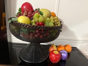 lot 48 image: Vintage Mid-Century Black Wire Pedestal Fruit Basket & Faux Fruit Lot