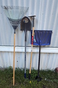 lot 75 image: Lawn & Garden Tool Lot  Leaf Rake, Shovel, Garden Hoe & Snow Shovel