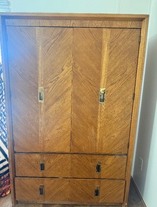 lot 103 image: Vintage Oak Armoire  Wardrobe Cabinet with Shelves & Drawers