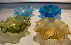 lot 116 image: Vintage Mid Century Colony Italian Art Glass Ruffled EdgeWaffle Pattern DessertCandy Bowls- Set of 4 Assorted Colors