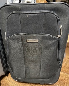 lot 140 image: Black Soft-Sided Upright Suitcase - Two Front Pockets - Rolling Travel Luggage