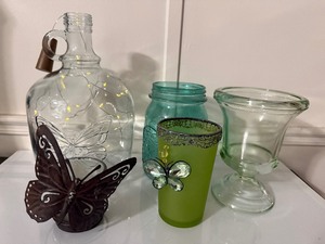 lot 156 image: Vintage Farmhouse Glass Lot - Blue Mason Jar, Corked Jug & Butterfly Accents