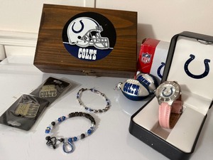 lot 160 image: Indianapolis Colts Memorabilia Lot  Watch, Bracelets, Pins & Trinket Box