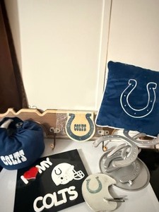 lot 176 image: Indianapolis Colts NFL Fan Decor Lot  Wall Hooks, Pillow, Signs & Novelty Items