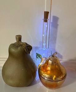 lot 181 image: Pear-Themed Dcor Collection Iridescent Glass & Hand-Painted Lighted Bottle