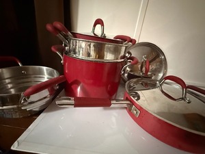 lot 186 image: KitchenAid Red Nonstick Cookware Set w Lids & Steamer Inserts