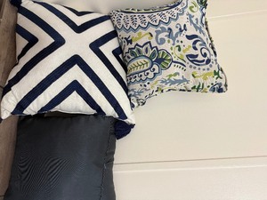lot 206 image: Set of 3 Navy & Patterned Accent Pillows - Geometric, Paisley, and Solid