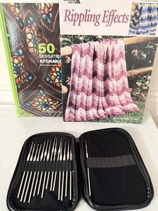 lot 220 image: Vintage Leisure Arts Crochet Pattern Lot & Crochet Hook Set
