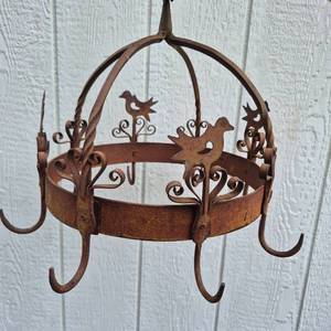 Rustic Iron Hanging Pot Rack with Bird Motifs