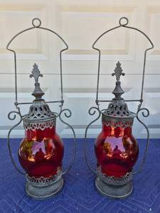 lot 113 image: Pair of Moroccan Style Red Glass Lanterns with Metal Framework - Decorative
